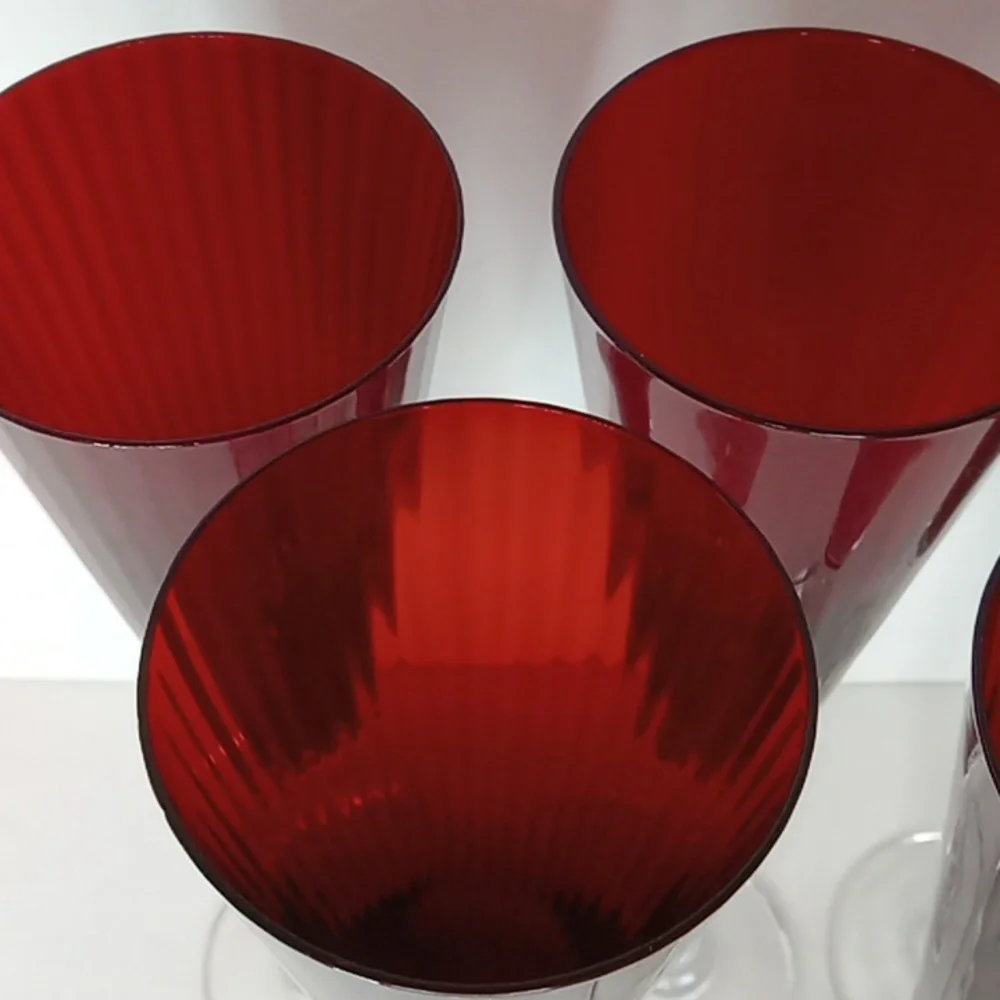 Vintage Ruby Red Ribbed Crystal Tall Stemmed Champagne Flutes Glasses Set Of 5